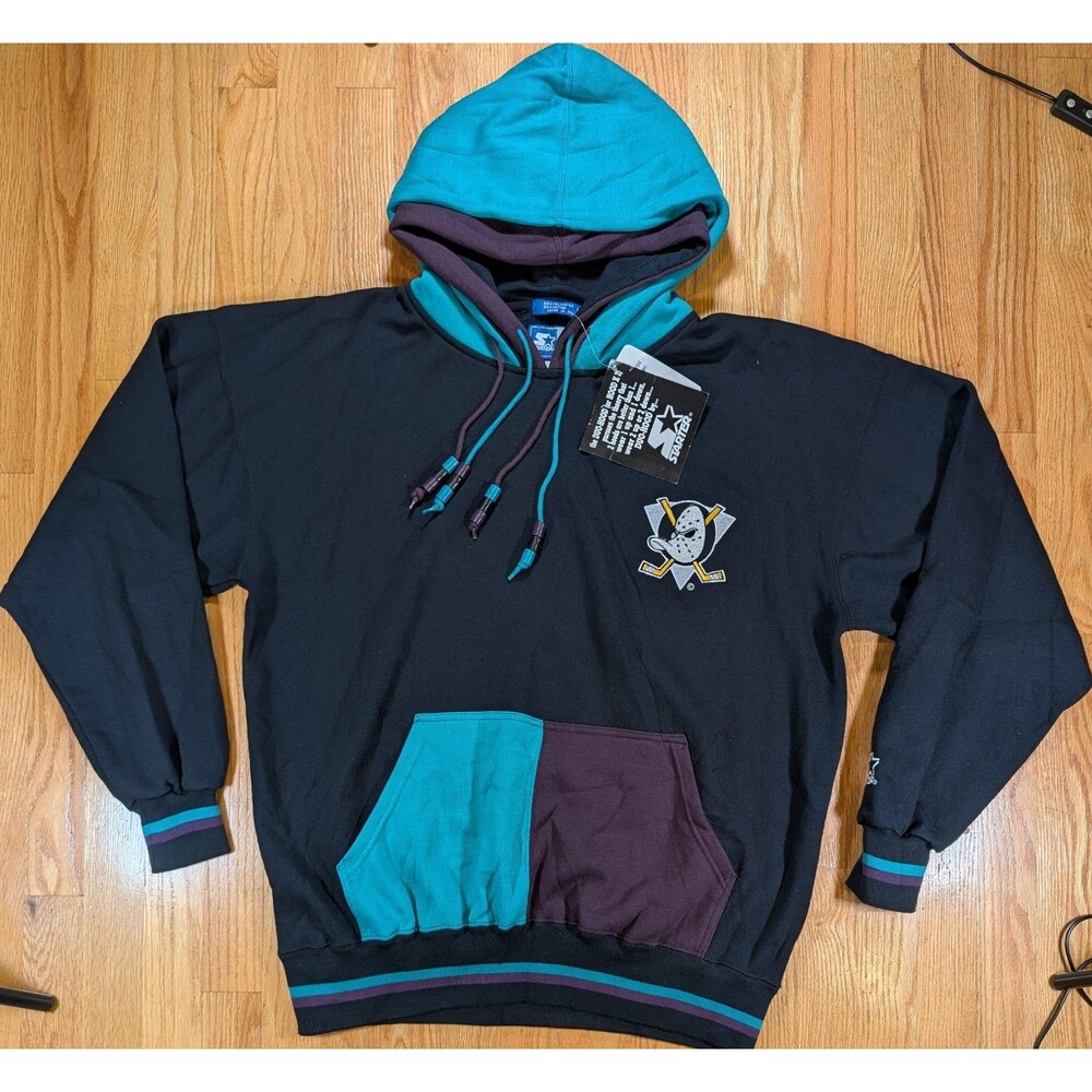 Vintage 90s Starter Mighty Ducks Hoodie Sweatshirt L Colorblock Double Hood NWT